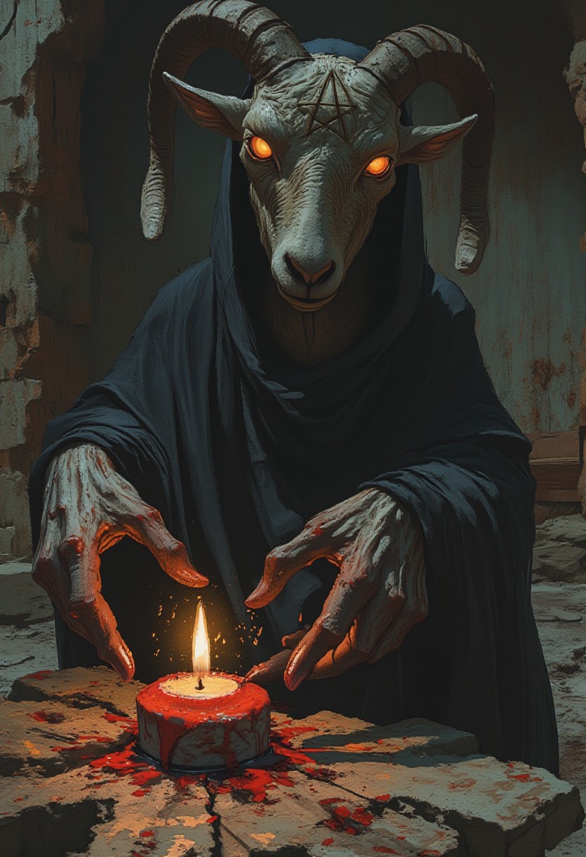 comic art by Mike Allred, 
Inside a shadowy, candle-lit chamber deep within a crumbling temple, a Sabbatic Goat Priest presides over a dark altar. His humanoid form is cloaked in a robe that seems to absorb the light, and his glowing eyes cast an unholy radiance across the room. The upside-down pentagram on his goat head forehead pulsates with malevolent energy. The altar is covered with dark symbols and bloodstains, and around it, twisted relics and offerings are scattered. The atmosphere is thick with dread and the scent of incense and blood, while high-contrast colors and intricate details emphasize the ritualistic horror of the scene
,  decaying animatronic, claymation, VHS screen grab, grainy, old footage, in the style of an old 80's VHS dark fantasy, VHS screen grab, grainy, old footage
art by torikun, SentinelBot, OBxiaoxiang