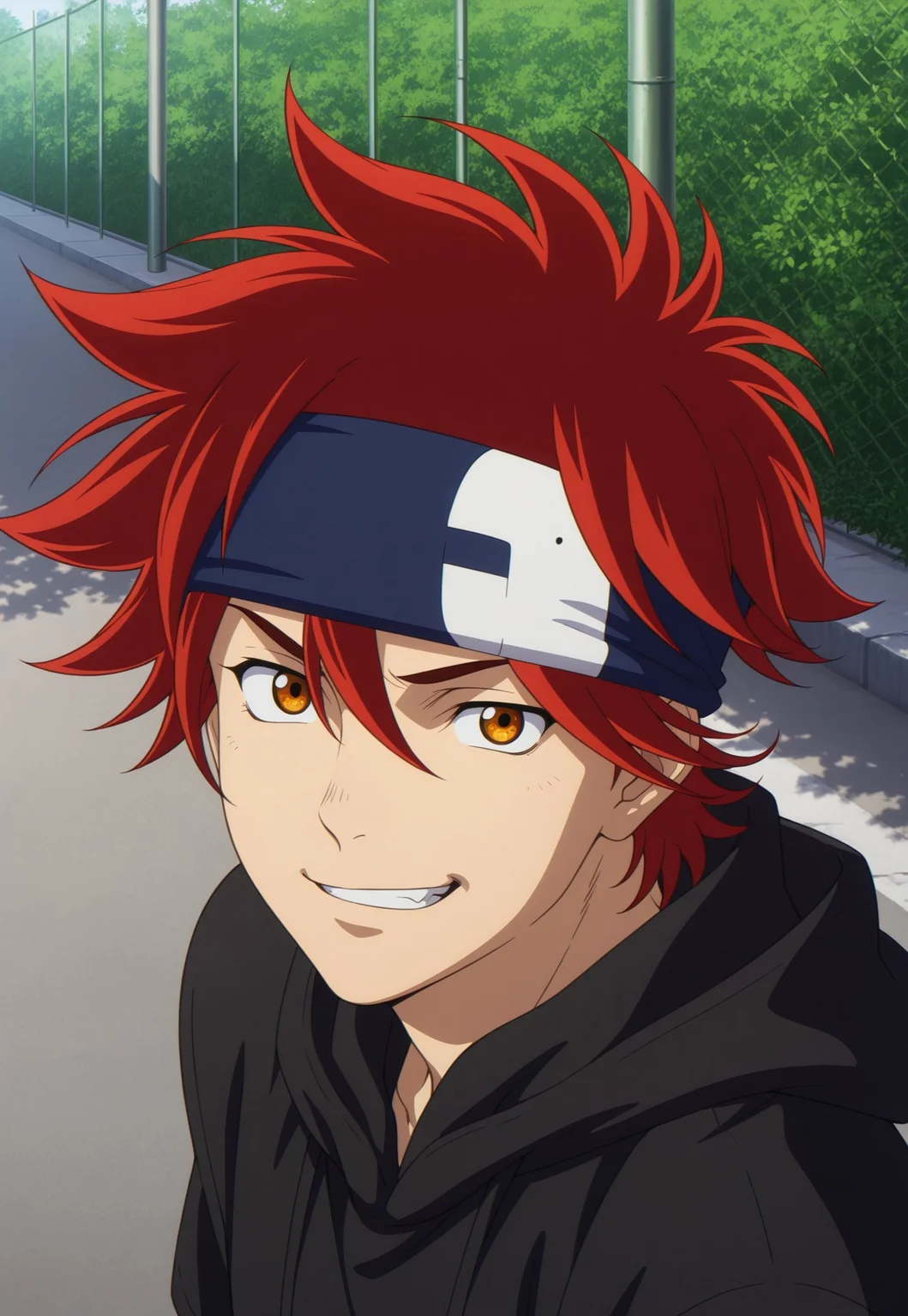 detailed details, shaded, detailed shading, detailed skin, shaded skin, realistic shading, countershading:1.1, outdoors, Reki Kyan, amber eyes, red hair, headband, smirk