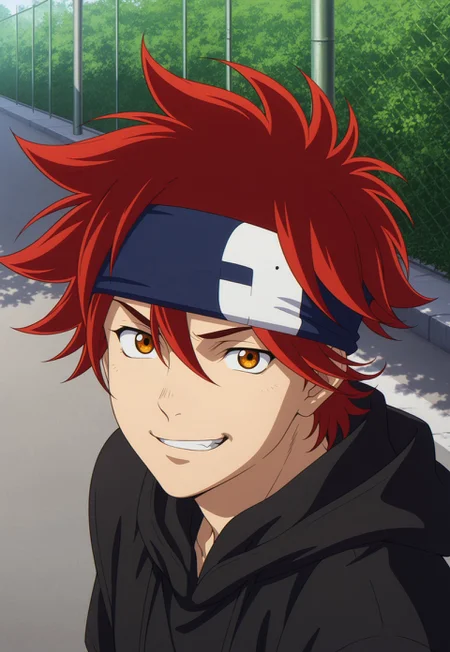 detailed details, shaded, detailed shading, detailed skin, shaded skin, realistic shading, countershading:1.1, outdoors, Reki Kyan, amber eyes, red hair, headband, smirk