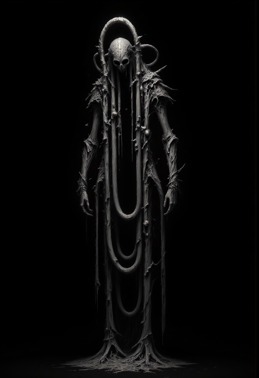 mm-style, black background, cinematic shot of clippy covered in cables and wires, jagged metal plating with a faint glow beneath,