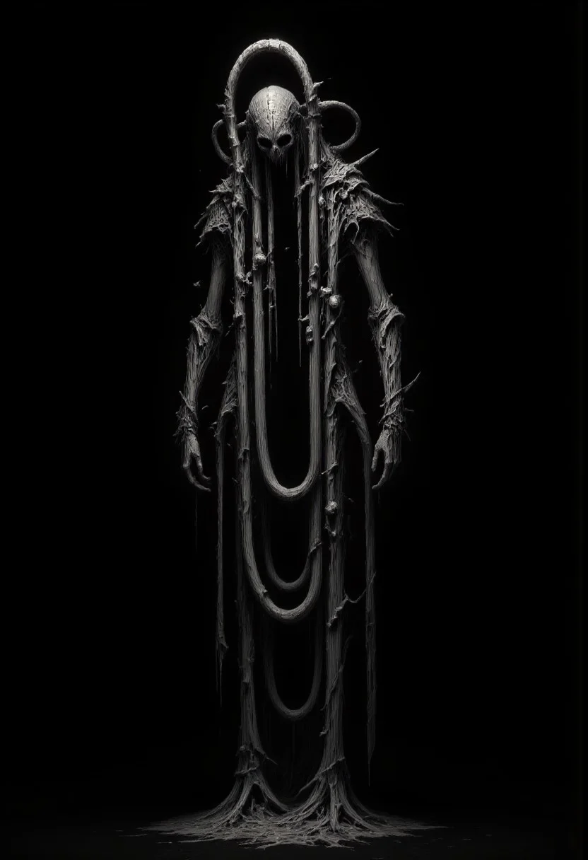 mm-style, black background, cinematic shot of clippy covered in cables and wires, jagged metal plating with a faint glow beneath,