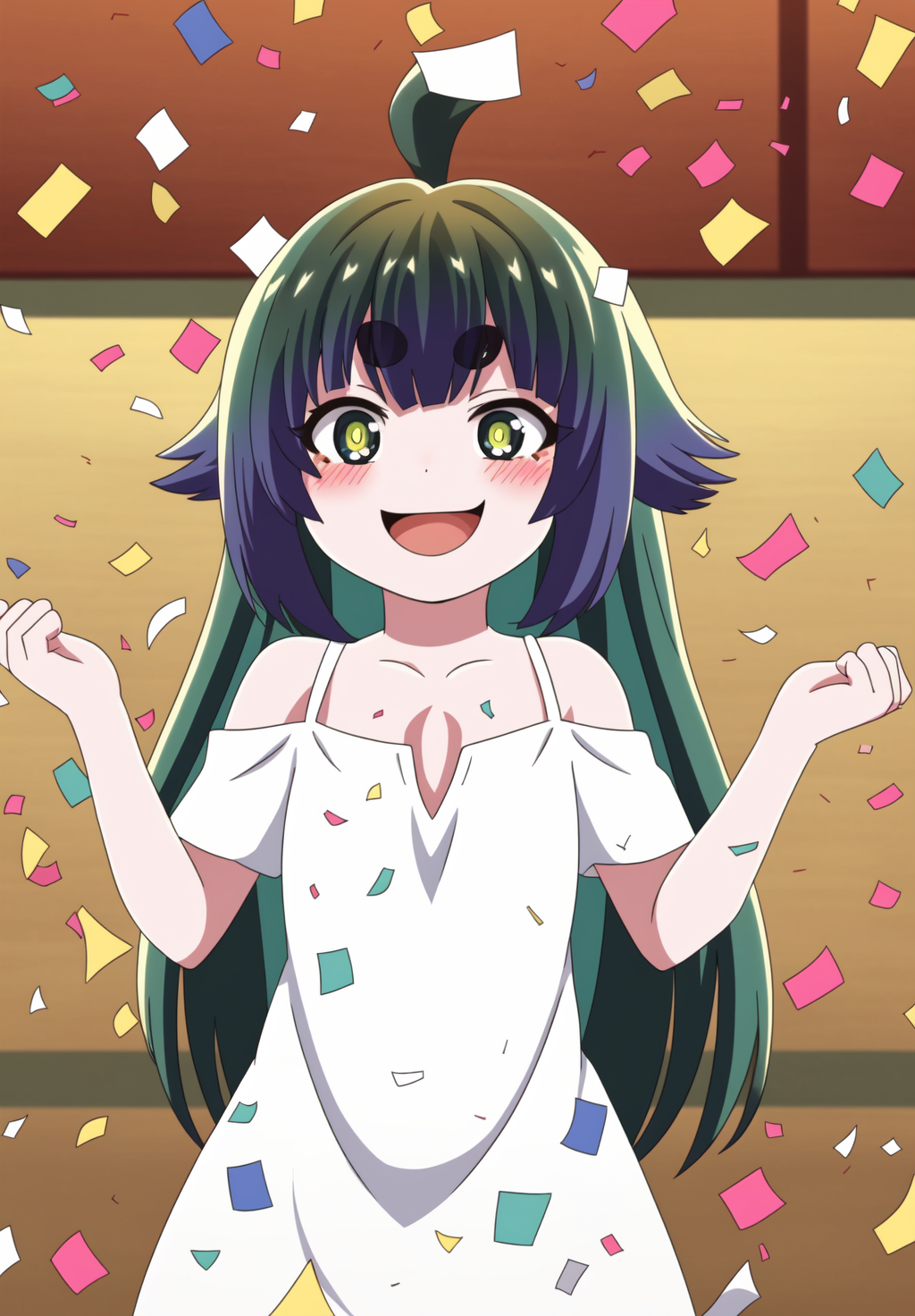 <lora:Mitama:0.8>, Mitama, 1girl, solo, looking at viewer, blush, smile, open mouth, dress, bare shoulders, collarbone, upper body, :d, off shoulder, white dress, hands up, parody, off-shoulder shirt, confetti