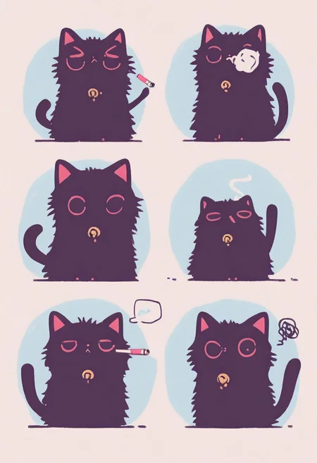masterpiece, best quality, amazing quality, very aesthetic, absurdres, newest
Flatline, Flat vector illustration
a cat, no humans
smoking cigarette, holding cigarette, arm rest, bored, grumpy, spoken squiggle
blurry foreground
glitch effects
wtfisthis, vdsur, surreal <lora:spo_sdxl_10ep_4k-data_lora_webui:0.8> <lora:reij-detaILer_v2:0.4> <lora:Wtf-is-this-LoRA:0.8> <lora:Flatline_vector_illustration_v1.0:1> <lora:Vonderful_Psychasurreal:0.8>