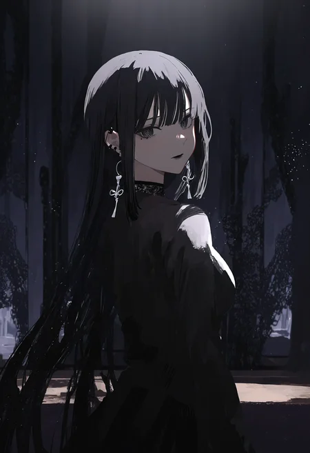 masterpiece, best quality, newest, absurdres, highres, very awa, anime screencap, indoors, anime screencap, ambient occlusion, intricate background, low lighting, rim light, ethereal glow, ethereal particles, dappled light, highly detailed, black bbackground, dark background, medium shot, 1girl, solo, gothic, ringed eyes, black eyes, black makeup, jewelry, earrings, looking at viewer, black hair, tassel earrings, choker, ear piercing, black dress, long hair, sidelocks, piercing, black fingernails, upper body,
