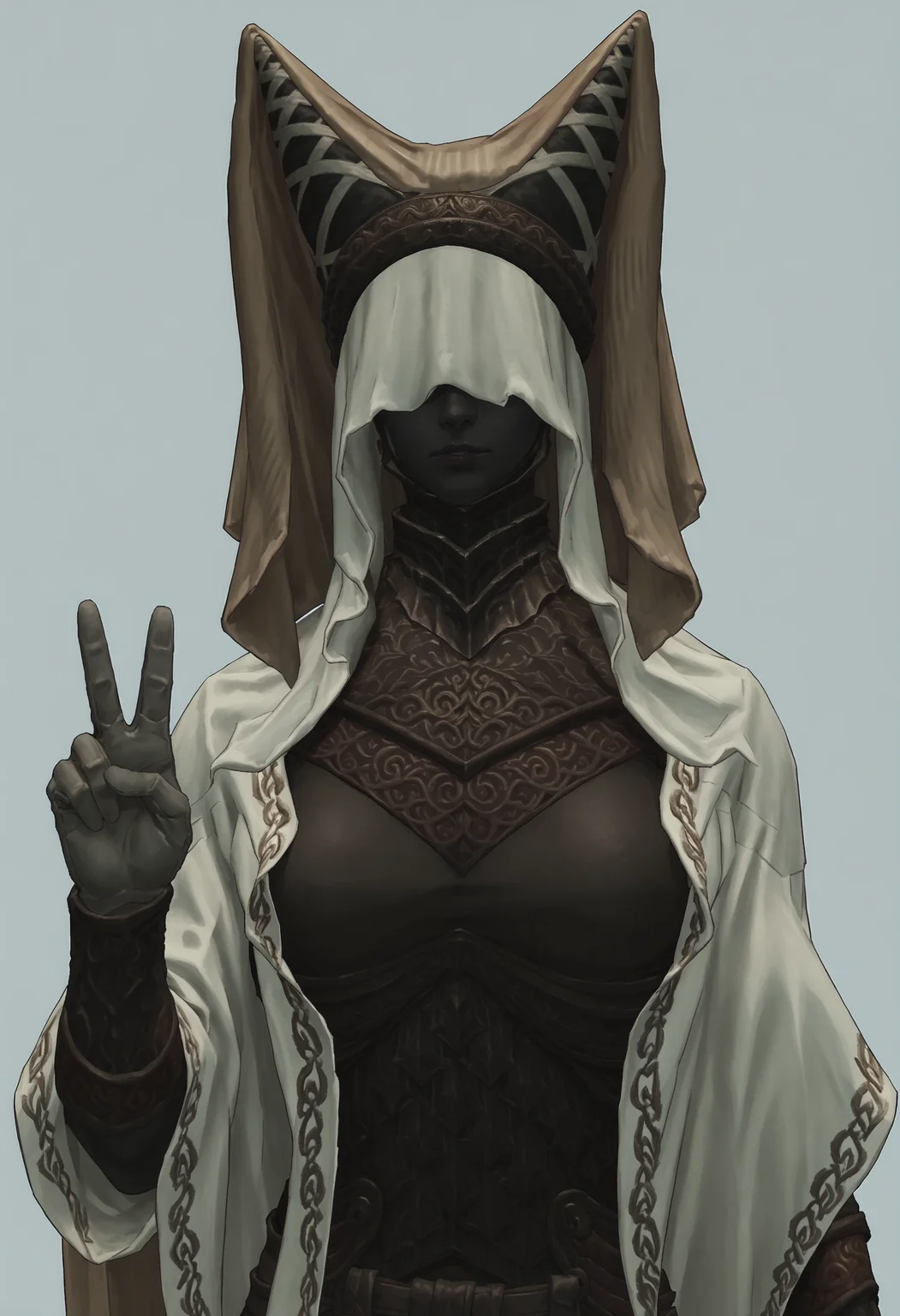 score_9, score_8_up, score_7_up, score_6_up, score_5_up, score_4_up, 1girl, <lora:NightMaiden:0.85> solo, large breasts, colored skin, black skin, faceless, veil, helmet, robe, armor, gloves, cape, upper body, front view, v sign,
(light blue background:1.15), simple background,