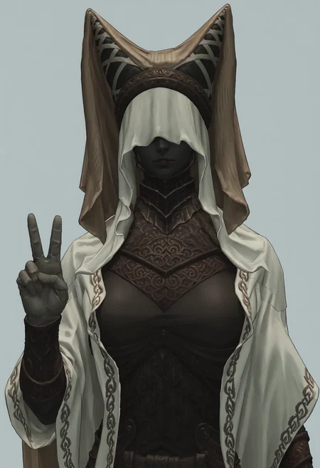 score_9, score_8_up, score_7_up, score_6_up, score_5_up, score_4_up, 1girl, <lora:NightMaiden:0.85> solo, large breasts, colored skin, black skin, faceless, veil, helmet, robe, armor, gloves, cape, upper body, front view, v sign,
(light blue background:1.15), simple background,