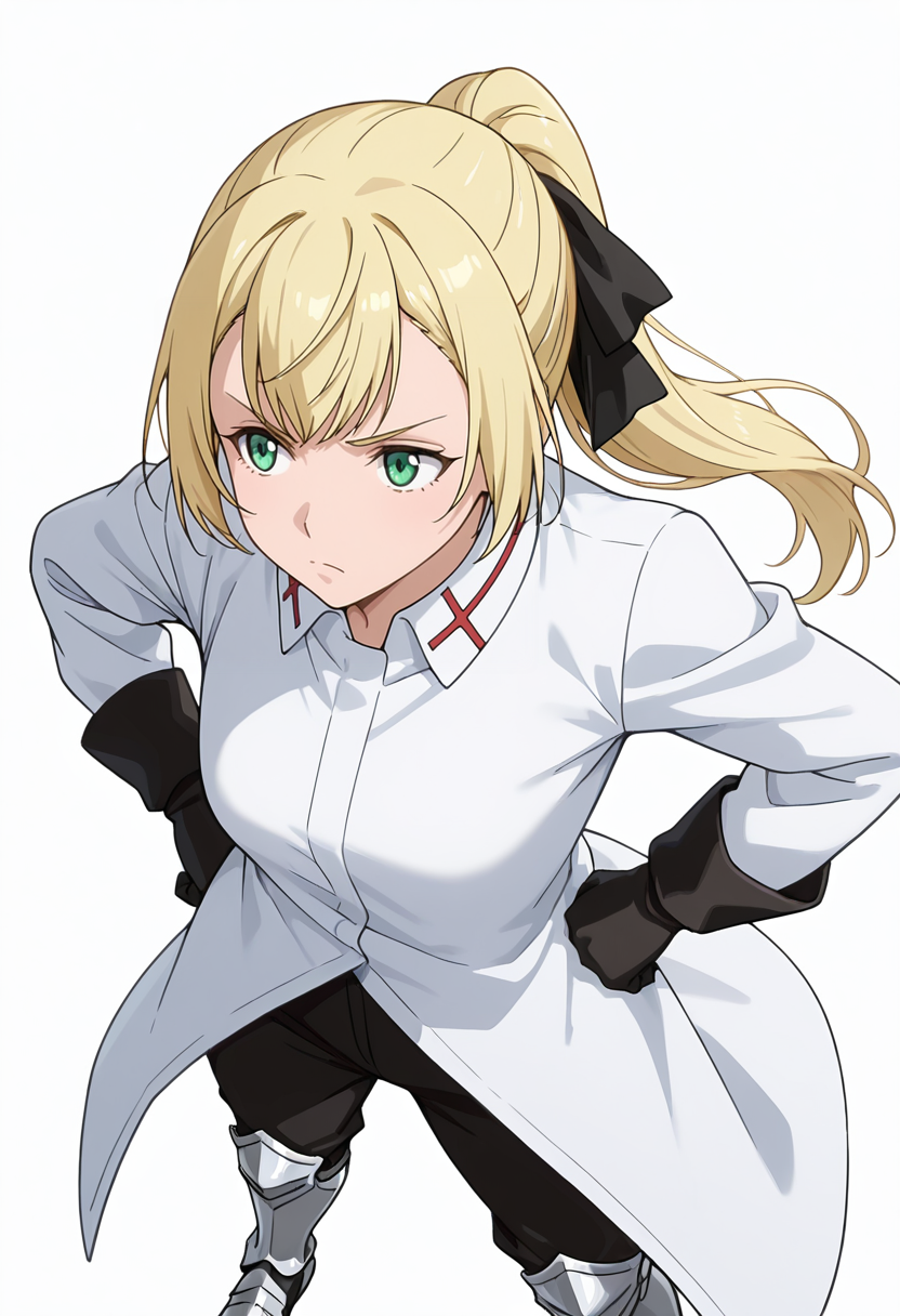 Smooth Quality,masterpiece,very intricate, high quality details, ultra realistic, high detailed skin,detailed enviorement,absurdres,
simple background, white background,solo,
standing, hands on hips, feet apart, determined, looking forward,  ,from above,annoyed,
 <lora:Rituscnn:0.8> rituscnn, 1girl, blonde hair, green eyes, long hair, ponytail,shirt, white shirt, coat,black gloves, hair ribbon,armored boots,