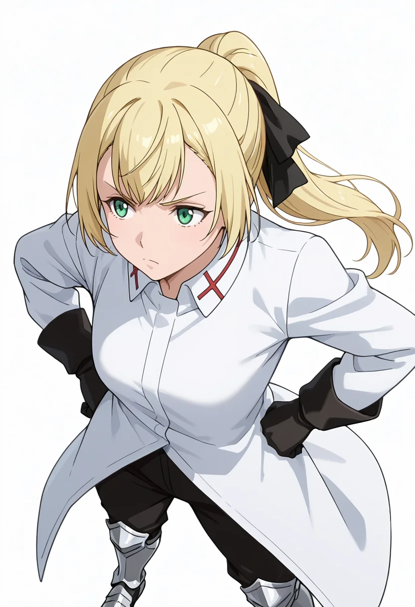 Smooth Quality,masterpiece,very intricate, high quality details, ultra realistic, high detailed skin,detailed enviorement,absurdres,
simple background, white background,solo,
standing, hands on hips, feet apart, determined, looking forward, ,from above,annoyed,
<lora:Rituscnn:0.8> rituscnn, 1girl, blonde hair, green eyes, long hair, ponytail,shirt, white shirt, coat,black gloves, hair ribbon,armored boots,