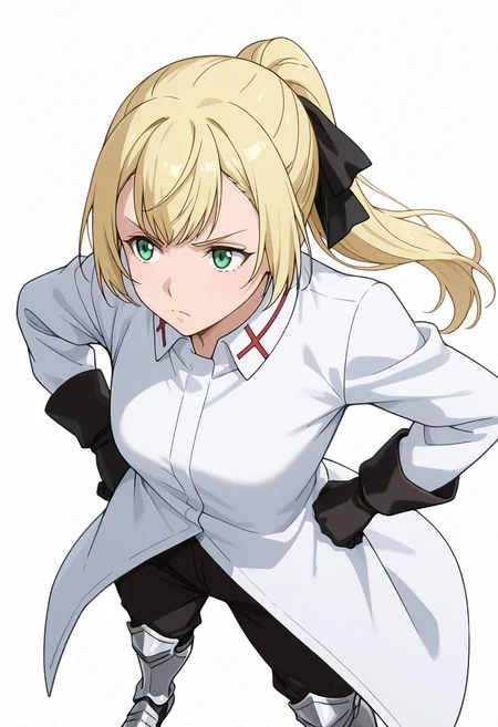 Smooth Quality,masterpiece,very intricate, high quality details, ultra realistic, high detailed skin,detailed enviorement,absurdres,
simple background, white background,solo,
standing, hands on hips, feet apart, determined, looking forward,  ,from above,annoyed,
 <lora:Rituscnn:0.8> rituscnn, 1girl, blonde hair, green eyes, long hair, ponytail,shirt, white shirt, coat,black gloves, hair ribbon,armored boots,