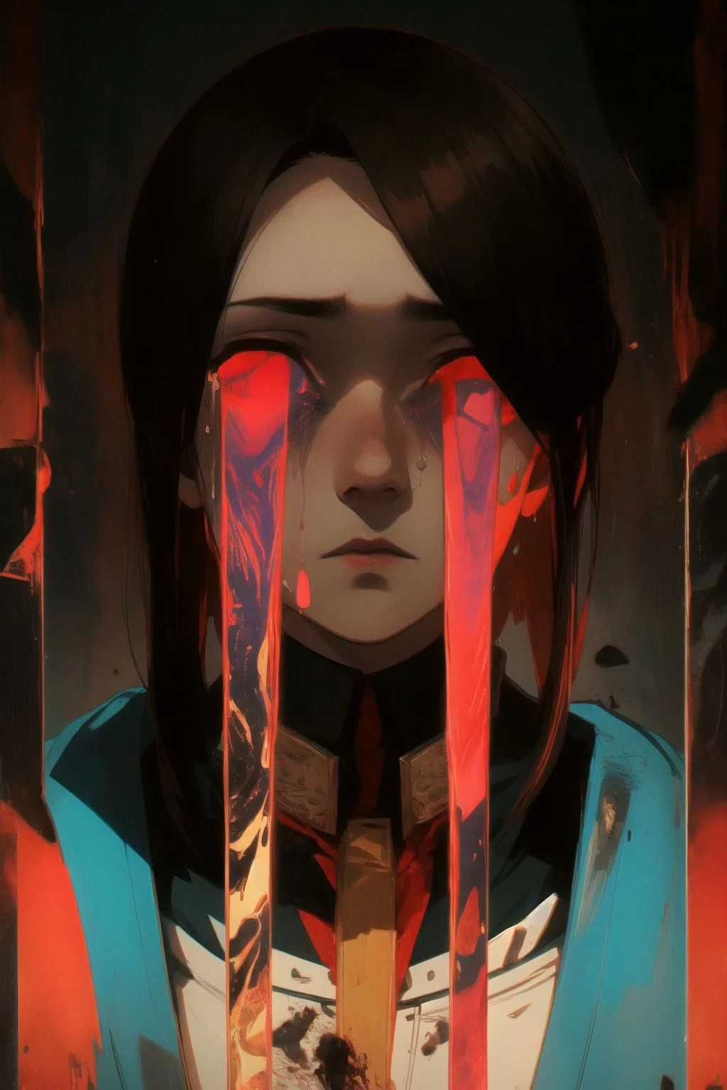 tears ,brown hair,red eyes,man,dark clothes, masterpiece,intricate details, horror theme ,portrait,dark ambience, dust,low light ,cinematic, ambient oclussion, chromatic aberration,  <lora:TearsV2-lbw:0.8>,