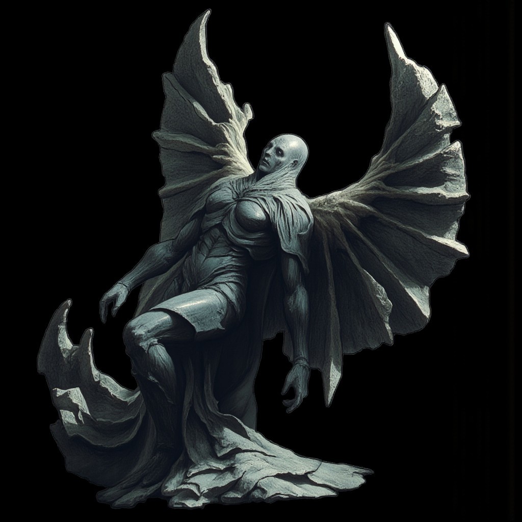 A surreal stone gargoyle with a human face, tattered stone carved wings, design
Set against a solid dark black color background to emphasize its unsettling unnatural form that emphasizes its silhouette. The medium is not a traditional painting or illustrative medium like watercolor or ink but rather a digital 3D rendering.
MikeFranchinastyle, d4artstyle, d4concept, , bbstyle,, horror theme,, zbrush, ZBClay model of a gray sculpture, 1990's, 1990's style