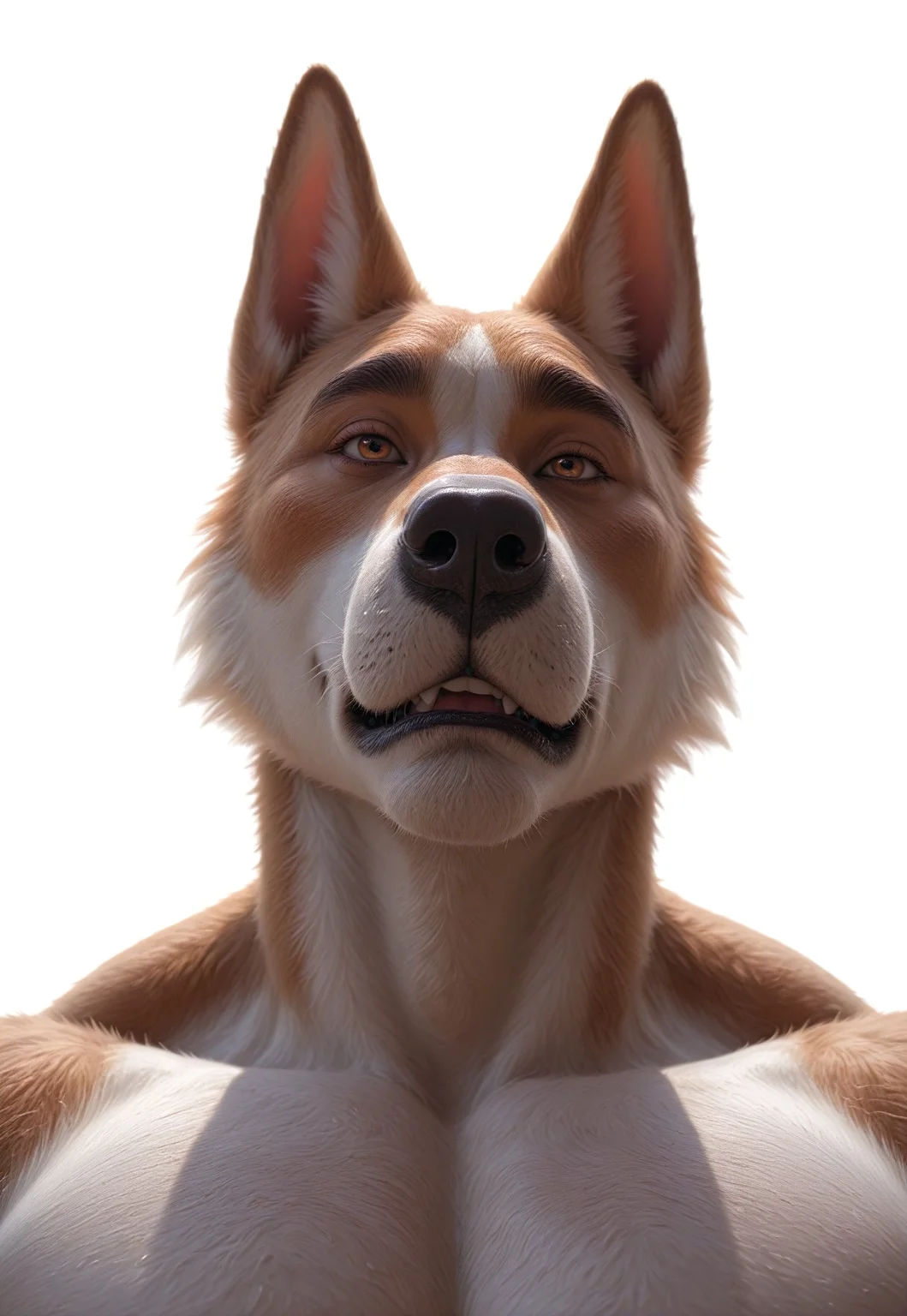 (((hyper realistic))), detailed, realistic, perfect volumetric lighting, realistic background, high quality, perfect resolution, movie shot, absurdres, high quality,
masterpiece, best quality, amazing quality, very aesthetic, absurdres, newest, pixelsketcher,
BREAK,
1boy, 1male, masculine, ((anthro dog)), canine furry, (male), warm gaze, confident expression, blushing slightly, overweight, muscular, big shoulders, muscular torso, ((humanoid face)), BREAK, expressive face, expressive pose, head tilt, portrait, close up, pose BREAK dynamic pose, foreshortening, extreme perspective, white background, dynamic lighting, sunset lighting, humid
