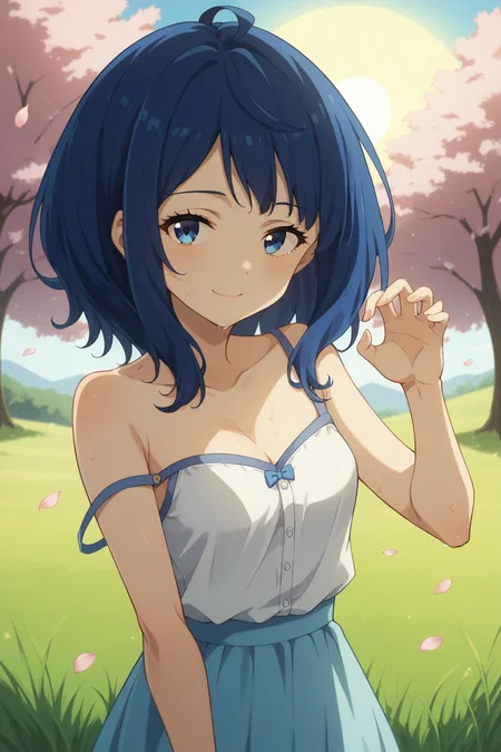 score_9, score_8_up, score_7_up, source_anime, 1girl, prefect lighting, very aesthetic, intricate details, highly detailed background, masterpiece, high quality, prefect hands, best quality, solo,
<lora:Anna_Yanami_Too_Many_Losing_Heroines_V1:.85>, KJOanna, blue hair, blue eyes, medium hair, 
outdoors, sun, sunny, sun diffraction, field, grass, standing, from front, seductive smile,
dungaree, cleavage, looking at viewer, sweat, cherry blossoms, falling petals, cute pose, (white shirt:1), strap slip,
(Beautiful,  small Breasts:1.2), natural breasts,