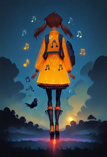(masterpiece, best quality, high quality, good quality), 1girl, solo, petite, twintails, raincoat, backpack, frilled skirt, rubber boots, blue sky, walking, on cloud, happy, humming, musical note, rainbow, sparkle, sunlight, bird, full body, pastel colors, colorful
,FFAnime Style, orange peel sinozick style