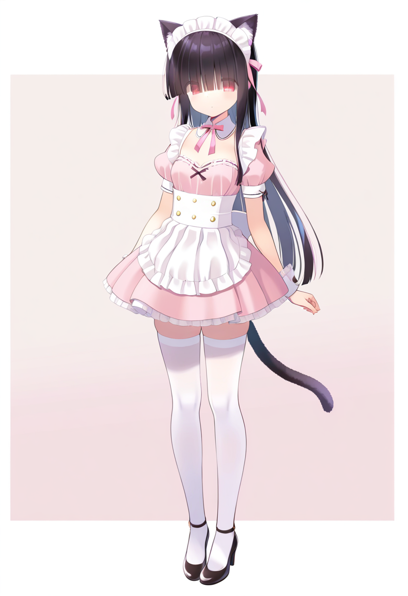 (masterpiece,best quality,ultra_detailed,highres,absurdres:1.2,amazing quality,very aesthetic),<lora:mob_ilxl_v1-000009:0.8>,1girl, animal ears, solo, tail, full body, thighhighs, hair over eyes, cat ears,cat tail, maid headdress, white thighhighs, pink dress, long hair, pink ribbon, blunt bangs, maid, dress, apron, wrist cuffs, ribbon, black hair, short sleeves, black footwear, standing, cat girl, white apron, puffy short sleeves,  puffy sleeves, long bangs, high heels, bow, frills, short dress, hair ribbon, straight hair, facing viewer, maid apron, detached collar, blunt ends, neck ribbon,red eyes, waist apron, shoes, animal ear fluff, breasts, mob