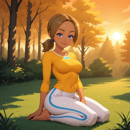 score_9, score_8, BREAK, solo, wii, mii, wii sports, female mii, 1girl, dark blonde hair, ponytail, blue eyes, dark blonde eyebrows, lips, dark skin, dark skin female, yellow clothing, white pants, barefoot, breasts, cute, MiaWSR, nintendo mii, modern_mii, classic_mii, tall, adult female, mature female, sexy pose, self portrait, smile, looking at viewer, outdoors, sunlight, shadows, evening lighting, natural lighting, forest, trees, grass, orange sky, sunset