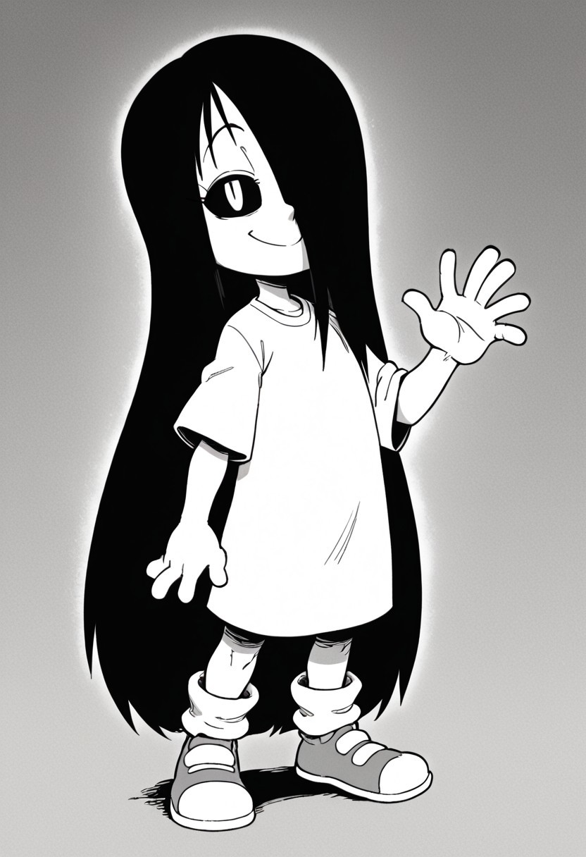 source_cartoon, score_9, score_8, score_9, solo, erma, long hair, greyscale, hair over one eye, black sclera, white pupil, eyelashes, smile, cowboy shot, full body, standing tall,smug, eyes half closed, adult body, <lora:Erma_Williams_webcomic_Erma:1>