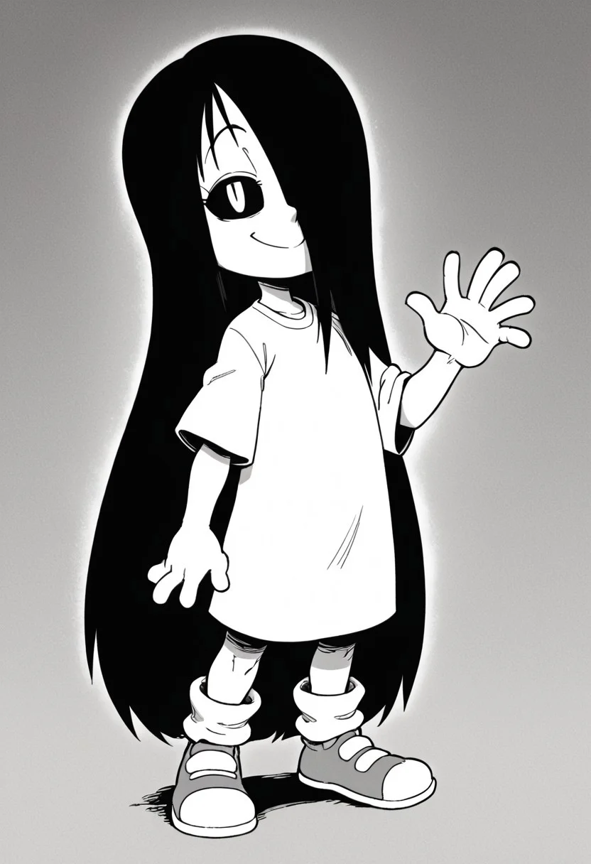 source_cartoon, score_9, score_8, score_9, solo, erma, long hair, greyscale, hair over one eye, black sclera, white pupil, eyelashes, smile, cowboy shot, full body, standing tall,smug, eyes half closed, adult body, <lora:Erma_Williams_webcomic_Erma:1>