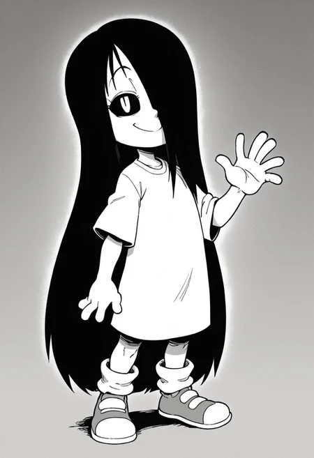 source_cartoon, score_9, score_8, score_9, solo, erma, long hair, greyscale, hair over one eye, black sclera, white pupil, eyelashes, smile, cowboy shot, full body, standing tall,smug, eyes half closed, adult body, <lora:Erma_Williams_webcomic_Erma:1>