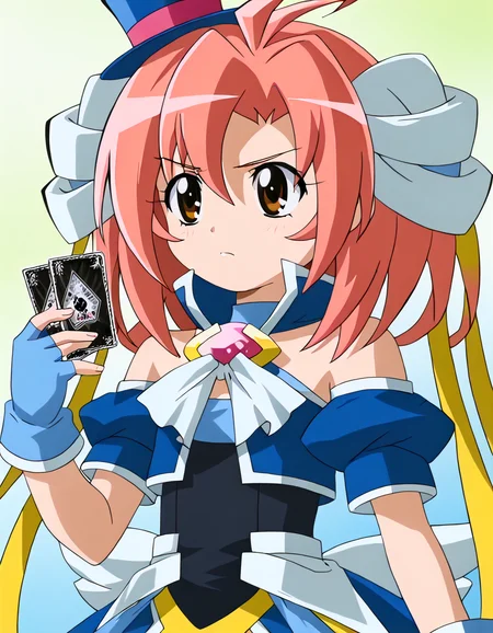 <lora:LailaApril_pony_v01:0.8> 1girl, solo, laila april, battle-form, hair bow, yellow ribbon, top hat, bare shoulders, jewelry, detached collar, fingerless glove, holding card