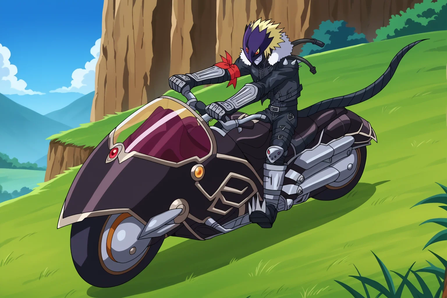 score_9,score_8_up,score_7_up,score_6_up, BREAK beelzebumon, 1boy, behemoth motorcycle, black motorcycle, anime screencap, facing viewer, from side, riding, dark purple mask, yellow sclera, red eyes, third eye, black cropped jacket, shoulder pads, black back cable,back cable, black mask cable, gauntlets, white fur-trimmed jacket,metal tail,blue sky, cliff, grass, black gloves, black knee boots, spikes,claws,red arm ribbon,serious,lavender gray skin, blonde hair <lora:BeelzebumonPonyV2:1>