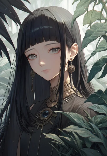 score_9, score_8_up, score_7_up, SLVTK, 1girl, solo, black hair, looking at viewer, mole under eye, jewelry, earrings, bangs, mole, blunt bangs, long hair, plant, closed mouth, upper body, grey eyes