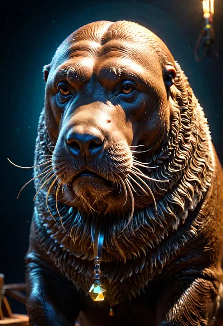 a walrus carpenter that builds 3D mystical geometry from ancient times, subsurface scattering rim lighting best quality precise material reflections balanced contrast accurately calculated shadows physics based materials highres