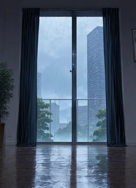 artist:, masterpiece, best quality, newest, very awa, absurdres, highres, scnr, indoors, modern apartment, window, rain, detailed, <lora:SDXL\Illustrous\Concept\Scenery_Enchancer-Illu-scnr:1.0>