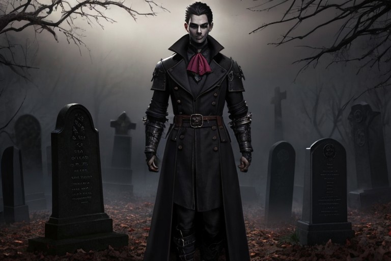 (masterpiece:1.2), (best quality,:1.2), 8k, HDR, ultra detailed, ((photorealistic)), professional light, cinematic lighting, fashion photography, ambient lighting, atmospheric effects, <lora:detail_slider_v4:2>, (DarkFantasy:0.2), a male hunter, wearing a long coat, ascot,  bracers, belt, gothout, <lora:Gothic_Outfit:0.45>,  in a dark and sinister gothic graveyard, iron fence, open graves, darkness, <lora:Darkness-10:0.6>,  <lora:zoom_slider_v1:2>, (Style-Necromancy:0.7), epiCPhoto