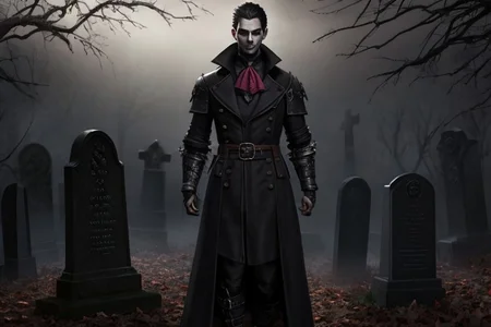 (masterpiece:1.2), (best quality,:1.2), 8k, HDR, ultra detailed, ((photorealistic)), professional light, cinematic lighting, fashion photography, ambient lighting, atmospheric effects, <lora:detail_slider_v4:2>, (DarkFantasy:0.2), a male hunter, wearing a long coat, ascot, bracers, belt, gothout, <lora:Gothic_Outfit:0.45>, in a dark and sinister gothic graveyard, iron fence, open graves, darkness, <lora:Darkness-10:0.6>, <lora:zoom_slider_v1:2>, (Style-Necromancy:0.7), epiCPhoto