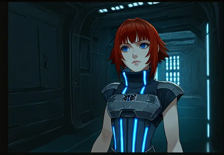 score_9 score_8_up, score_7_up, score_6_up, official art, <lora:Shelk_Rui:1> Shelk-Rui, FF7, 1girl, female focus, bodysuit, short sleeves, upper body, red hair, blue eyes, backlit, round face, puffy eyes, short hair, pale skin, short, armor, slim hips, portrait, Imperial-Style, Imperial-Tech, Star Wars, good anatomy, science fiction, black walls, corridor, door, interfaces, <lora:SW_Imperial_Style:1> <lora:PerfectEyesXL:1>
