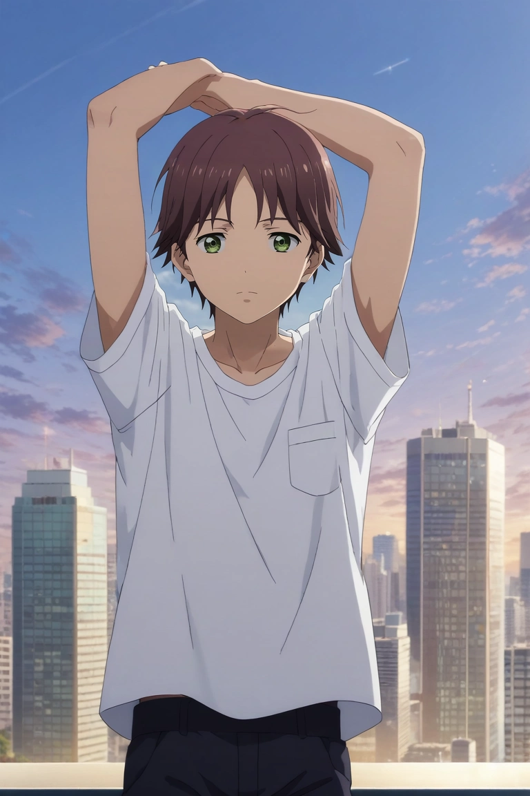 score_9, score_8_up, score_7_up, , rating_safe, , , , depth of field, 1boy, solo, male focus, <lora:tasuku_yamane_pony:1>, tasuku_yamane, brown hair, green eyes, short hair, asymmetrical, tokyo tower, dawn, arms up, :o, , <lora:sdxl_lightning_8step_lora:1>