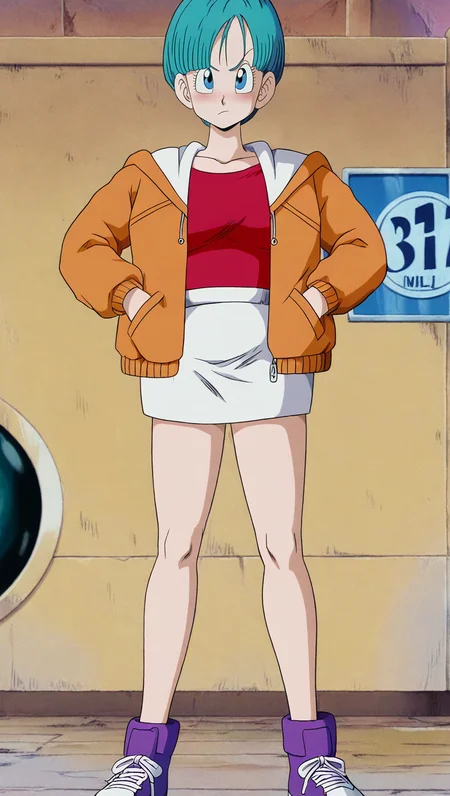 source_anime, masterpiece, best quality, amazing quality, anime screencap, high quality, 8k, absurdres, official style, 1girl, solo, looking at viewer, hands in pockets, speaking, <lora:Bulma_OG_iL:1>, 8u1m4 og, blue eyes, blue hair, 22nd WT, short hair, red top, skirt, white skirt, jacket, shoes, hood,
