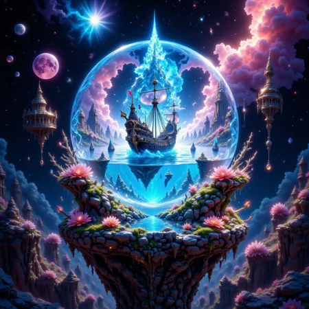 bo-exposure, pinketherealmj, a crystal ball showing A beautiful magical ocean inside, with a fleet of fantasy style mini viking ships. The crystal ball is floating inside a colorful cosmic storm on space, magical glow, internal glow, magic, fantasy, glowing, colorful,