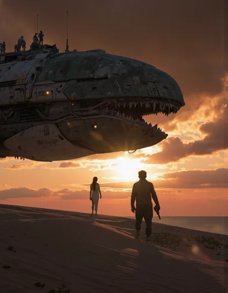 A photo-realistic shoot from a far camera angle about a futuristic, alien-looking ship in a desert landscape during sunset. the image also shows two silhouetted figures standing in front of a large, imposing, alien spaceship. on the left side of the image, a group of people can be seen standing on top of the ship, while on the right side, a man and a woman are standing on the sand, facing away from the camera. the man is holding a gun in his right hand, while the woman is holding an object in her left hand. in the background, the sky is filled with dark, ominous clouds and the sun is setting, casting a warm orange glow over the scene. the ship itself is large and imposing, with a massive, open mouth and glowing eyes, giving it an eerie and mysterious appearance. the atmosphere is dramatic, with the sand casting shadows and the dramatic lighting adding to the sense of depth and dimensionality.