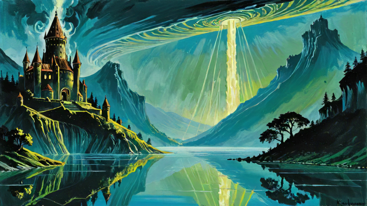 fantasy romania, Lovecraftian Dreamlands, landscape of a (wide river used by keelboats:1.3) from inside of The Tower of Isengard, lush pond, Clear skies, Fauvism, Selective focus, sunbeam, D&D, monster, <lora:EnvyPulpFantasyXL-prod-weighted.:1>, enchanted, dynamic dramatic beautiful full taking, dramatic, artistic, complimentary colors, modified, magical atmosphere