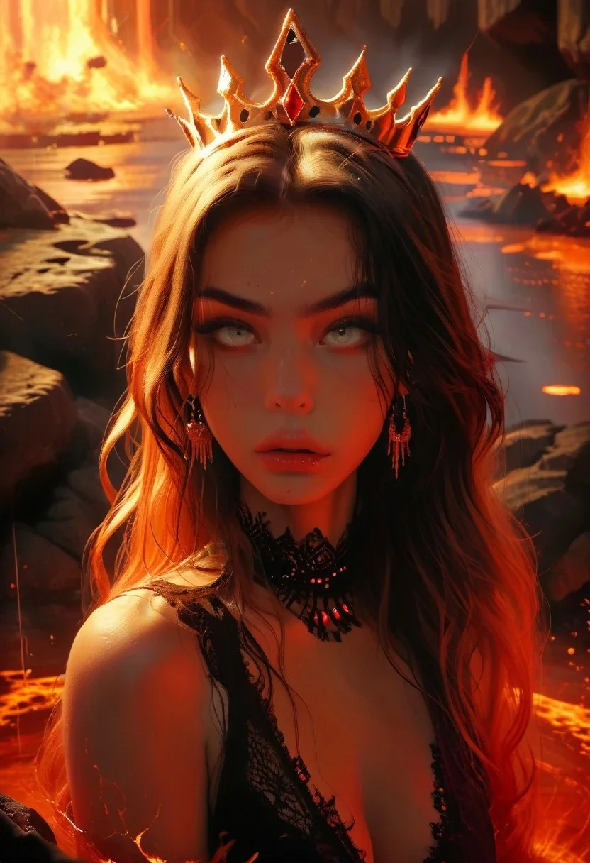 safe_pos, score_9, score_8_up, score_7_up, score_6_up, score_5_up, score_4_up fire Elemental, ((fire elemental demon Queen)), A elemental goddess, controlling the fire element, a female demon in a combat pose, getting ready to pounch, young, fire, smoke, volcano, lava, particles, realistic and fantastical style, swirling fire body, full body, sexy face, sexy body, skin made of cracked lava, long hair, hair made of blue flame, blue crystal eyes, looking at viewer, majestic, golden crown made of fire, background on the hell realm, detailed digital art, expressive eyes, magical elements, hd8K, 32K, 4K, ULTRA HD,