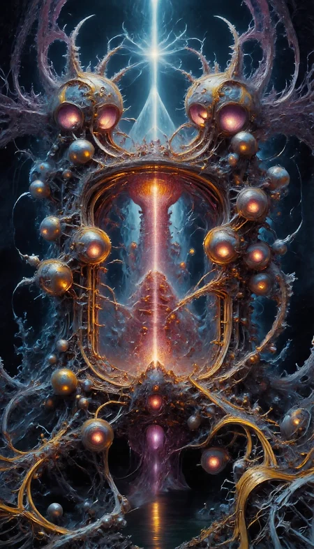 This is a highly detailed fractalex digital painting in a neoclassicism style a compelling use of (snellâs law) how light travels through the lenses of spheres creating a gateway to other dimensions through an Electrified spectrum of fractal separation into multidimensional gateways with views of spiral galaxy, before entering a newdimension. Use (gold leaf,blue, pink) precise fractal design, flowing curves, precision, colorful fractal geometry, harmonic interference, dismrt style, realism, detailed digital illustration, photo manipulation, altered realities, digital artistry, striking visuals, chiroscuro lighting, masterpiece, best quality, highres, high detail, sharp focus, detailed background, light reflection, photo-realistic, <lora:Epic_gorgeous_Details-flux.1:0.5> <lora:Amazing_scenery_v1:1> <lora:P-Mystic-Fusion_v10:0> <lora:flux.1_lora_surreal-tones_v1:0> <lora:RealisticDigitalPainting-flux:0.6> <lora:Electrified_Flux_v1:1> <lora:Dorota_Pietrowiak-Flux:0.3> <lora:best_of_flux_v30_rank64_bf16-step01750:0.65> <lora:ral-frctlgmtry_flux:0.65> <lora:fractalex:0.5441650390625> <lora:-_Flux1_-_vanta_black_V2.0:1>