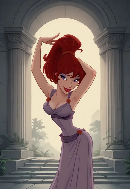 score_9,score_8_up,score_7_up,score_6_up,score_5_up,score_4_up, 1girl, naughty face, front, leaning forward, arms up, sexy pose, leaning forward, very happy, looking at viewer, ruins, broken pillar, dynamic pose, cowboy shot,
 <lora:AMeghanXLP_character:1>, MegXLP, purple eyes, red hair, high ponytail, makeup, purple dress, anime screencap,
 <lora:Dean Yeagle StylePonyLyco:1> dystlye,