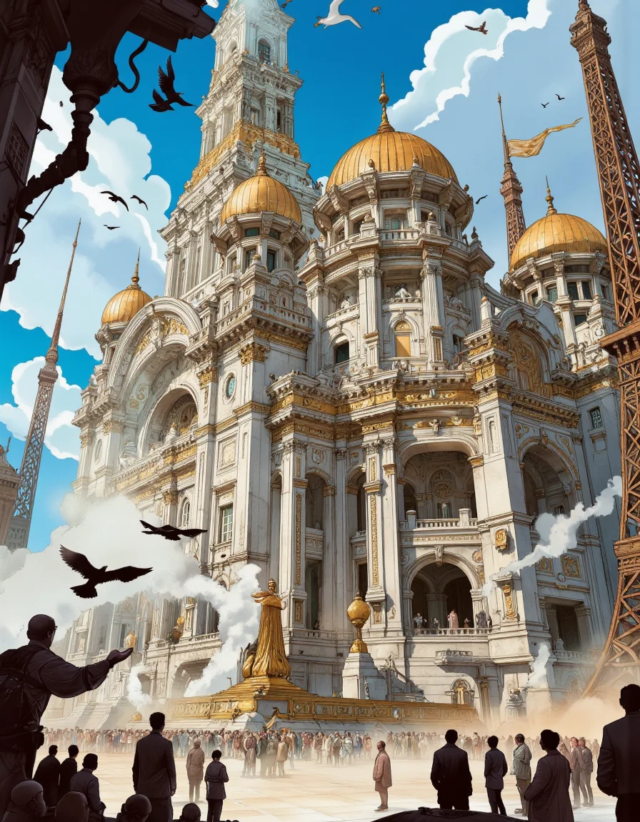 Art by Alessandro Barbucci. A digital illustration shoot from below about a fantastical depiction of the eiffel tower in a futuristic cityscape, featuring a large, ornate building with golden domes and intricate details, surrounded by birds flying around it. the image also shows a blue sky with a few clouds and a few flying birds in the sky. on the center of the image, a large crowd of people can be seen gathered around the grandeur of the building, with steam and steam rising from the base of the tower. in the foreground, a group of people are standing on the ground, watching the scene unfold. the building itself is a grand structure with ornate architecture, featuring intricate details and a golden domed roof, and a flagpole with a flag flying in the top right corner. the scene is filled with a sense of chaos and destruction, with a large group of birds flying near the tower, adding to the fantastical atmosphere.