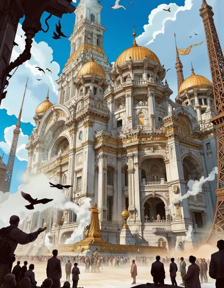 Art by Alessandro Barbucci. A digital illustration shoot from below about a fantastical depiction of the eiffel tower in a futuristic cityscape, featuring a large, ornate building with golden domes and intricate details, surrounded by birds flying around it. the image also shows a blue sky with a few clouds and a few flying birds in the sky. on the center of the image, a large crowd of people can be seen gathered around the grandeur of the building, with steam and steam rising from the base of the tower. in the foreground, a group of people are standing on the ground, watching the scene unfold. the building itself is a grand structure with ornate architecture, featuring intricate details and a golden domed roof, and a flagpole with a flag flying in the top right corner. the scene is filled with a sense of chaos and destruction, with a large group of birds flying near the tower, adding to the fantastical atmosphere.