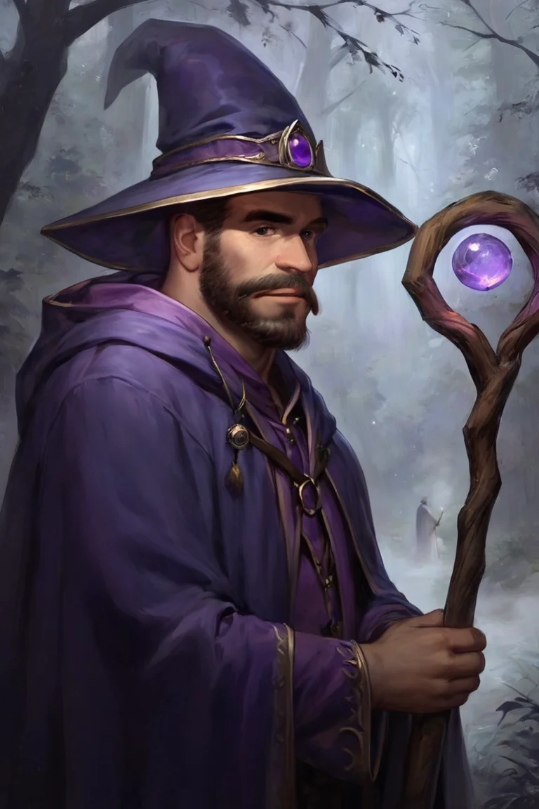 score_9, score_8_up, score_7_up, 1boy, solo, male focus, mature male, wizard, long hair, brown hair, black eyes, looking at viewer, hat, facial hair, beard, mustache, staff, wizard hat, purple hat, robe, purple robe, cloak, holding, holding staff, upper body, standong, outdoors, forest, nature, tree, fog, dark background <lora:Oil Painting Sharp Style LoRA_Pony XL v6:1>