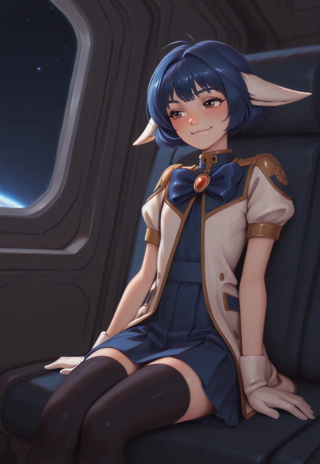 safe_pos, masterpiece, best quality, personal ami, (((1girl))), solo,
((kga_mint, military uniform, blue bowtie, brooch, white gloves, blue skirt, black thighhighs, blue hair, animal ears, short hair, bangs, brown eyes))
sitting, smirk, blush,
indoors, space ship interior background,