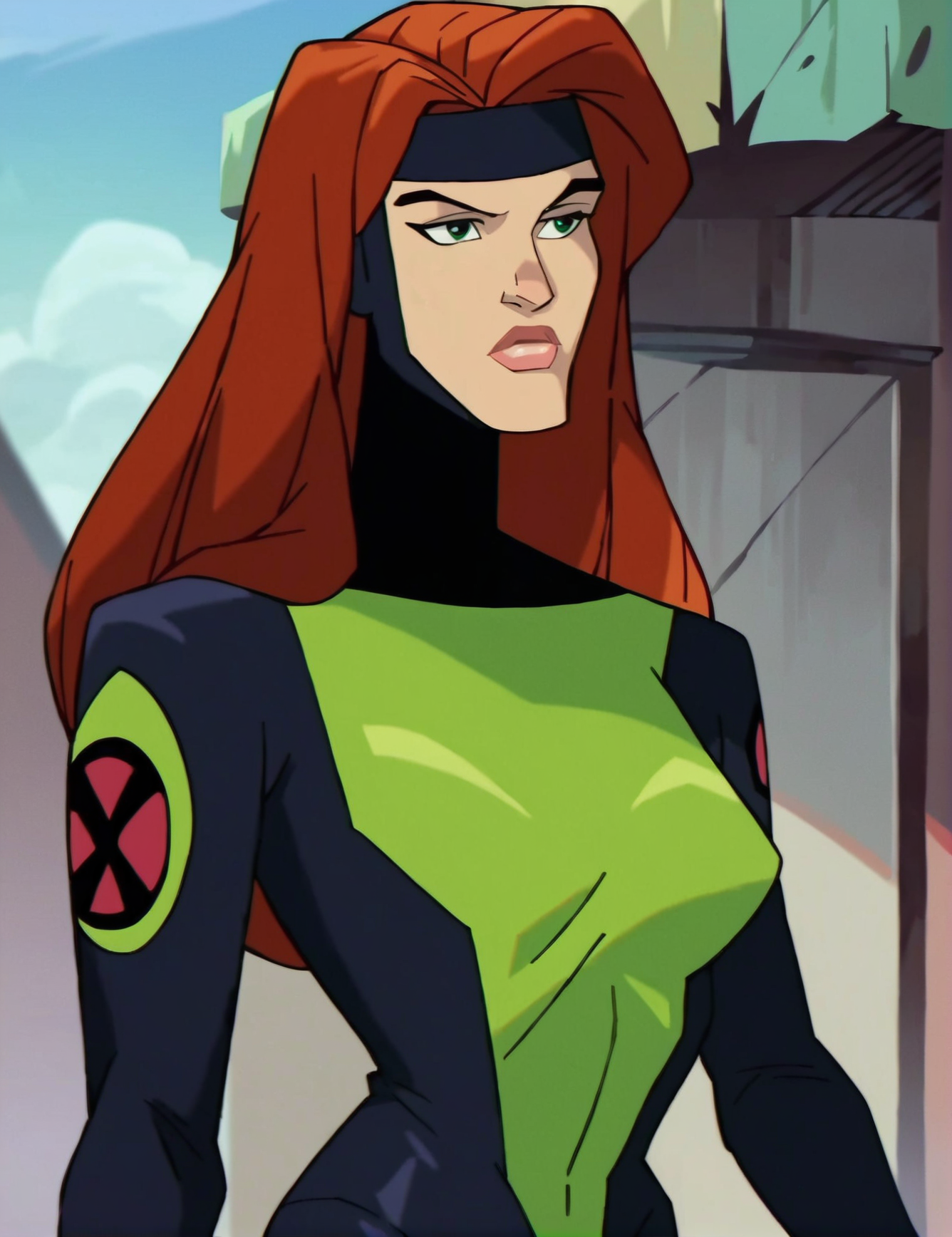 score_9, score_8_up, score_7_up,score_9, score_8_up, score_7_up, <lora:JGrey:0.8>,jeang1, 1girl, green eyes, ginger long hair,black and green superhero suit, headband