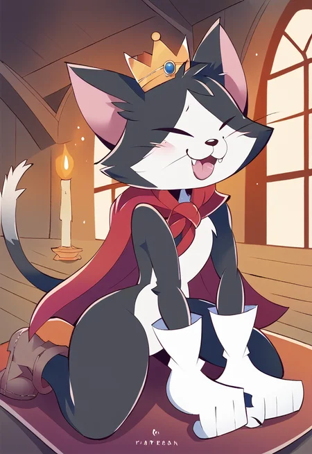 <lora:GrimOTK_Pony:0.93>, <lora:Fliph_Pony_Style-000006:0.74>, score_9, score_8_up, score_7_up, score_6_up, source_furry, rating_explicit, rating_safe, detailed background, solo, three-quarter view, half-length portrait BREAK
monastery, indoors, midnight, furry, hand on thigh, legs up, kneeling, leaning forward, looking forward, ahegao BREAK
<lora:Cait_Sith_PDXL_2:1>caitsithff7, 1boy, male, feline, eyes closed, head tuft, black nose, whiskers, crown, red cape, white gloves, brown shoes