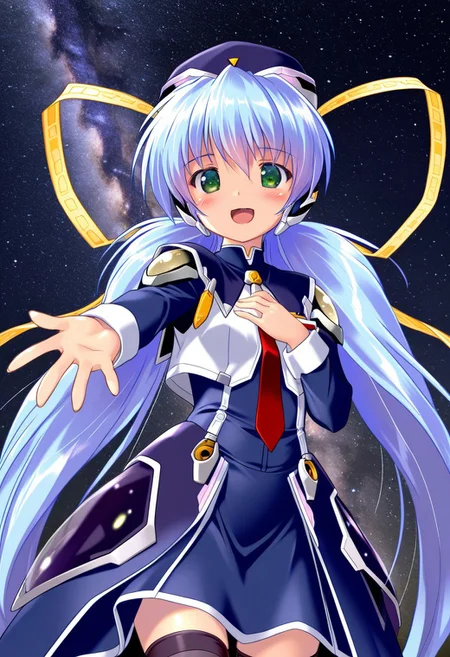hoshino yumemi,1girl,(planetarian:0.8),(komatsu eiji:0.8),(key \(company\):0.8),solo,standing,looking at viewer,:d,blush,smile,hand on own chest,outstretched arm,very long hair,long hair,blue hair,low twintails,bangs,hair ribbon,green eyes,robot ears,open mouth,small breasts,(medium breasts:0.5),dress,blue dress,long sleeves,hat,necktie,red necktie,thighhighs,long ribbon,yellow ribbon,outdoors,night,sky,night sky,space,star \(sky\),starry sky,galaxy,<lora:Milkyway:1>,milky way,cowboy shot,masterpiece,best quality,amazing quality,incredibly absurdres,