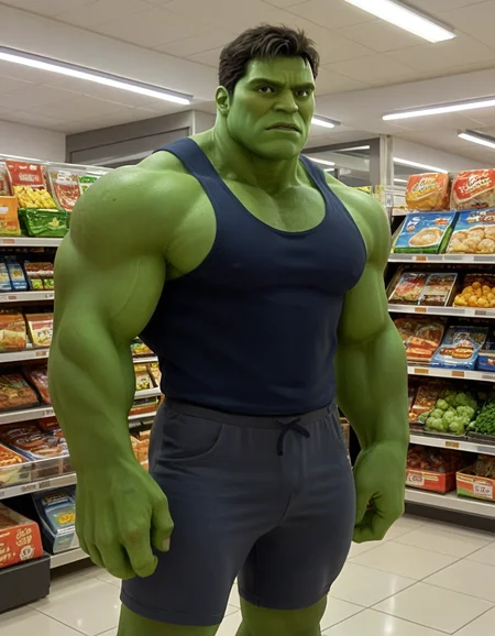 <lora:The_Hulk_2003_V2:0.5> a picture of the hulk, solo, best resolution, best quality, extremely detailed, masterpiece, crisp, sharp focus, zPDXL3, Shopping Trouble