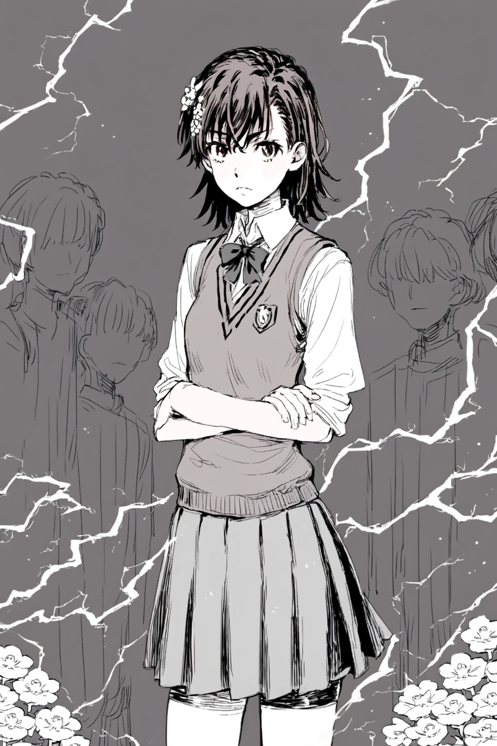 score_9, score_8_up, score_7_up, toaru majutsu no index, toaru kagaku no railgun, misaka mikoto, brown eyes, brown hair, brown sweater vest, electricity, emblem, flower, grey skirt, hair flower, hair ornament, medium hair, pleated skirt, railgun \(misaka mikoto\), school emblem, school uniform, shorts, shorts under skirt, skirt, summer uniform, sweater vest, tokiwadai school uniform, solo, solo focus, portrait, wide shot, simple background, Leaning against a pole, arms crossed., <lora:godiva_bw:1>, (monochrome:1.5), (greyscale:1.5)