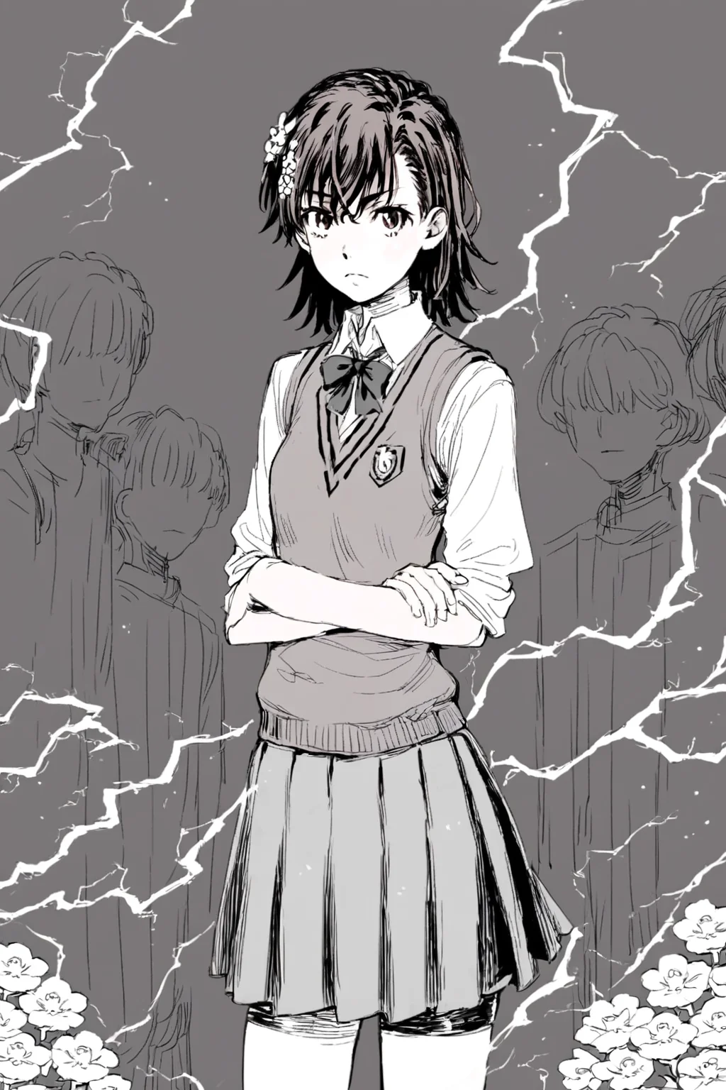 score_9, score_8_up, score_7_up, toaru majutsu no index, toaru kagaku no railgun, misaka mikoto, brown eyes, brown hair, brown sweater vest, electricity, emblem, flower, grey skirt, hair flower, hair ornament, medium hair, pleated skirt, railgun \(misaka mikoto\), school emblem, school uniform, shorts, shorts under skirt, skirt, summer uniform, sweater vest, tokiwadai school uniform, solo, solo focus, portrait, wide shot, simple background, Leaning against a pole, arms crossed., <lora:godiva_bw:1>, (monochrome:1.5), (greyscale:1.5)