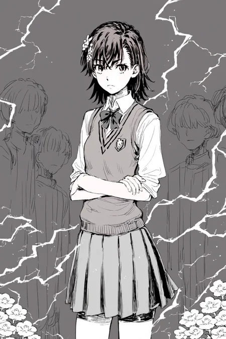 score_9, score_8_up, score_7_up, toaru majutsu no index, toaru kagaku no railgun, misaka mikoto, brown eyes, brown hair, brown sweater vest, electricity, emblem, flower, grey skirt, hair flower, hair ornament, medium hair, pleated skirt, railgun \(misaka mikoto\), school emblem, school uniform, shorts, shorts under skirt, skirt, summer uniform, sweater vest, tokiwadai school uniform, solo, solo focus, portrait, wide shot, simple background, Leaning against a pole, arms crossed., <lora:godiva_bw:1>, (monochrome:1.5), (greyscale:1.5)